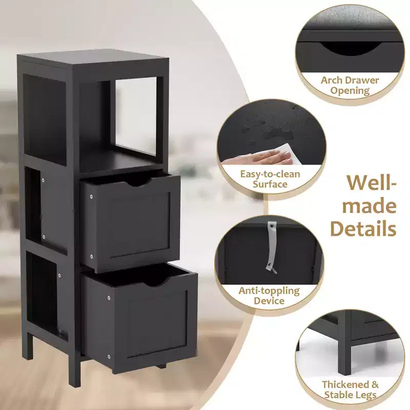 Meuble de rangement de salle de bain sur pied avec 2 tiroirs amovibles Marron/Gris/Noir